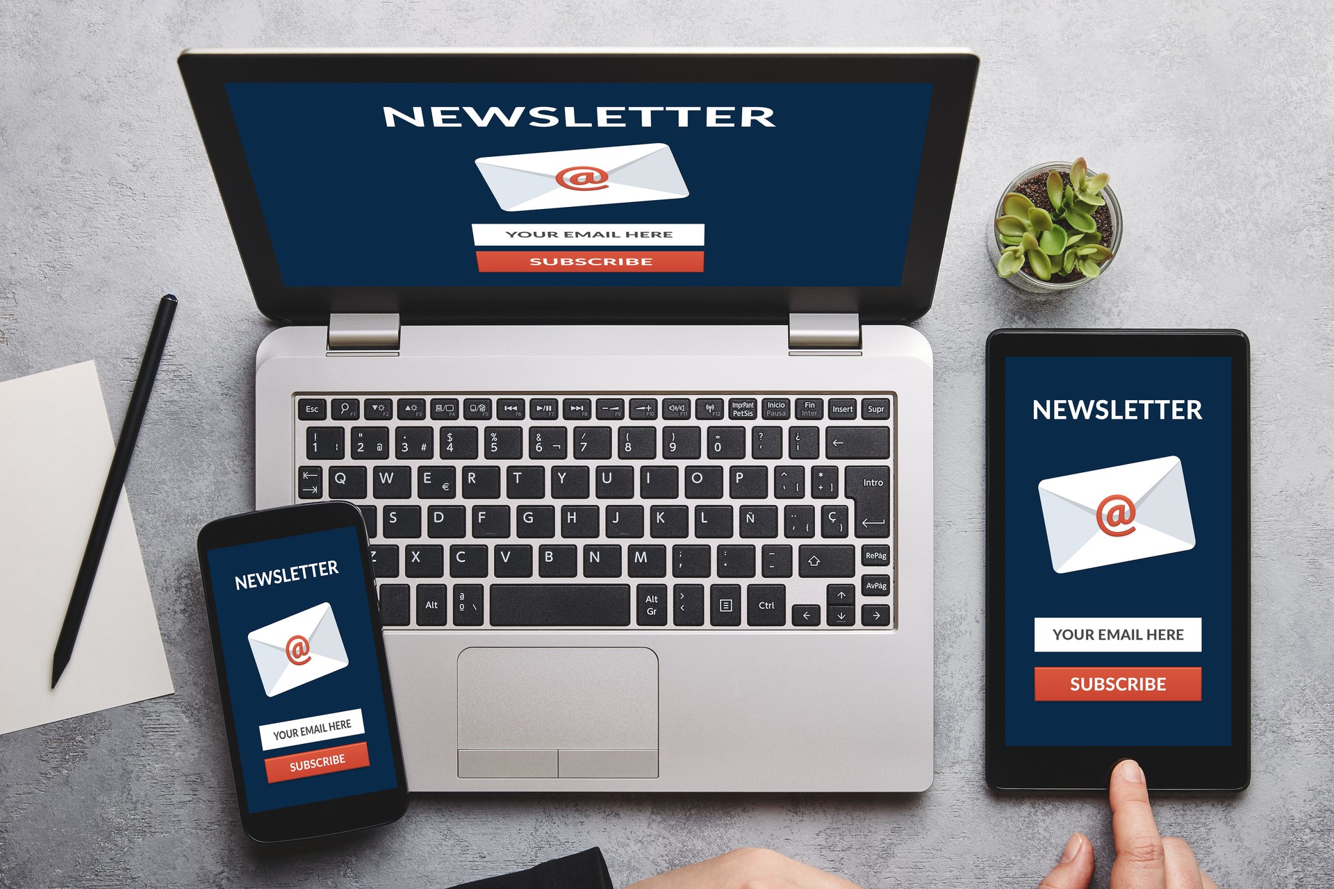 Subscribe newsletter concept on laptop, tablet and smartphone screen